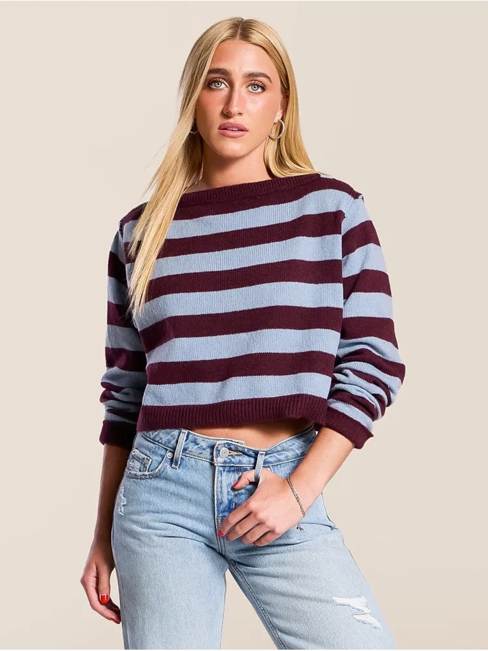 Altar'd State Striped Cropped Sweater in Light Blue and Burgundy